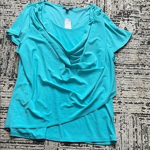Roz & Ali Aqua Drape Neck Short Sleeve Top